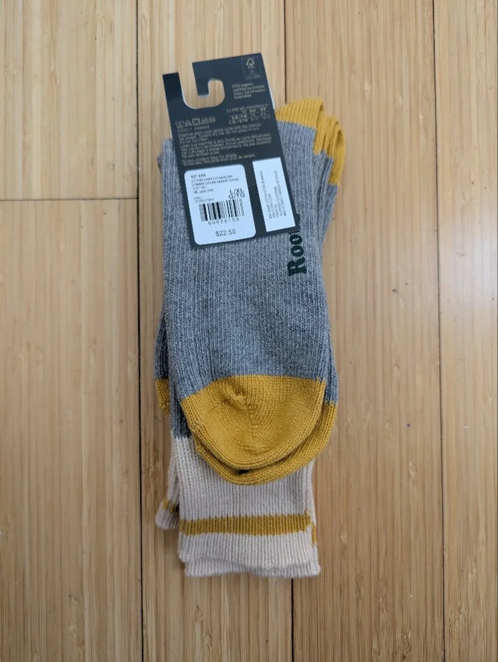 Roots Cabin Men's Grey Crew Socks with Yellow Accents